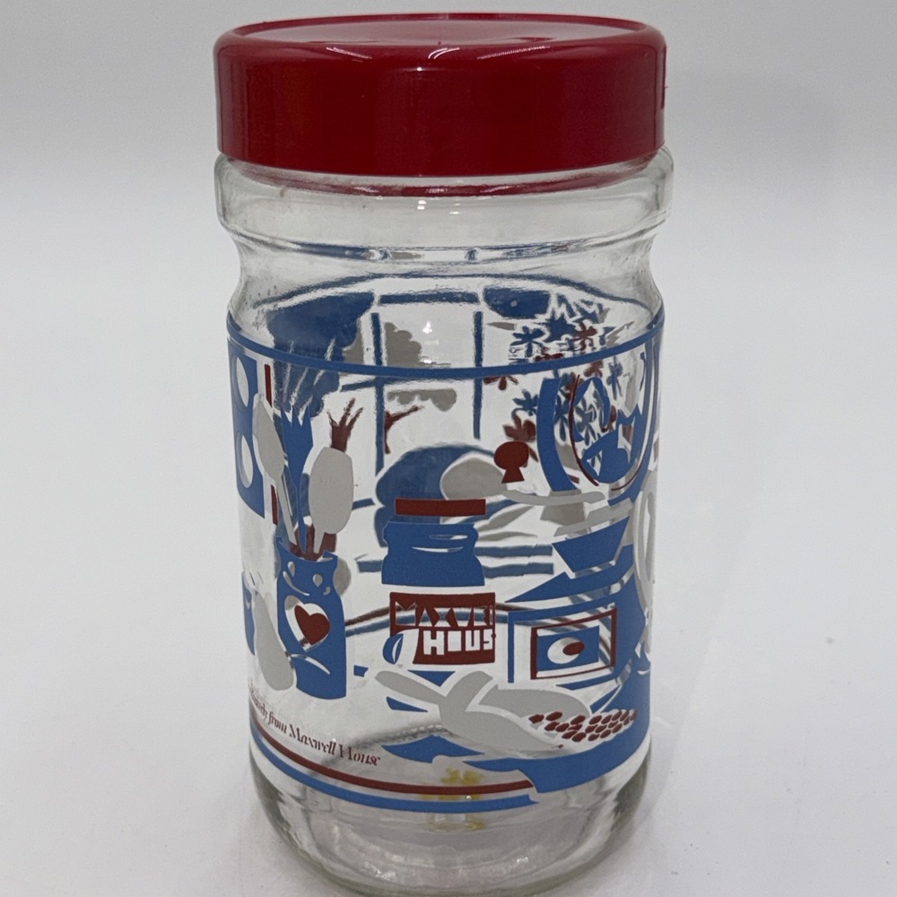 Vtg 1977 Maxwell House Coffee Glass Storage Jar Red Lid MCM Country USA 7 1/2"